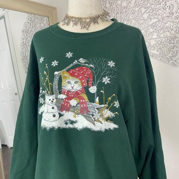 Jerzees VTG Nostalgia Cat Dark Green Christmas Snow Crewneck Sweater M - Picture 2 of 7